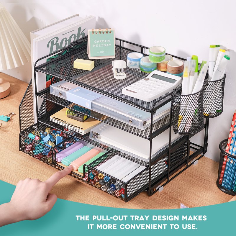 Multi-Tier Desk Organizer with File Drawers and Pen Holders - Office Storage Solution