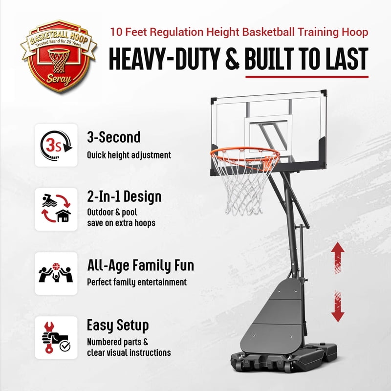Portable Adjustable Basketball Hoop with Shatterproof Backboard, 3.4-10 Ft, Wheels