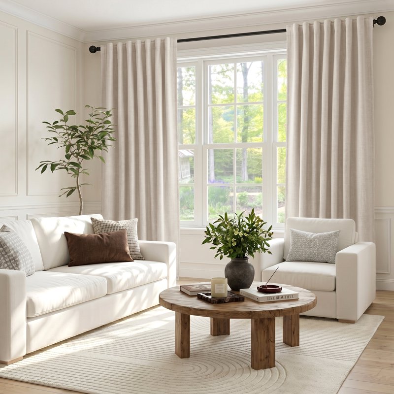 Blackout Faux Linen Curtains Set - Thermal Insulated Privacy Window Panels