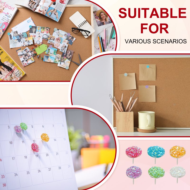 50 Pack Glitter Rhinestone Push Pins for Cork Boards Purple Decorative Thumb Tacks