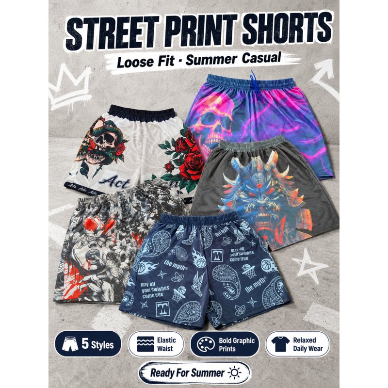 Men's 5 Pack Casual Graphic Athletic Shorts - Quick Dry Mesh, Elastic Waist, Multi-Print Streetwear & Beach Shorts