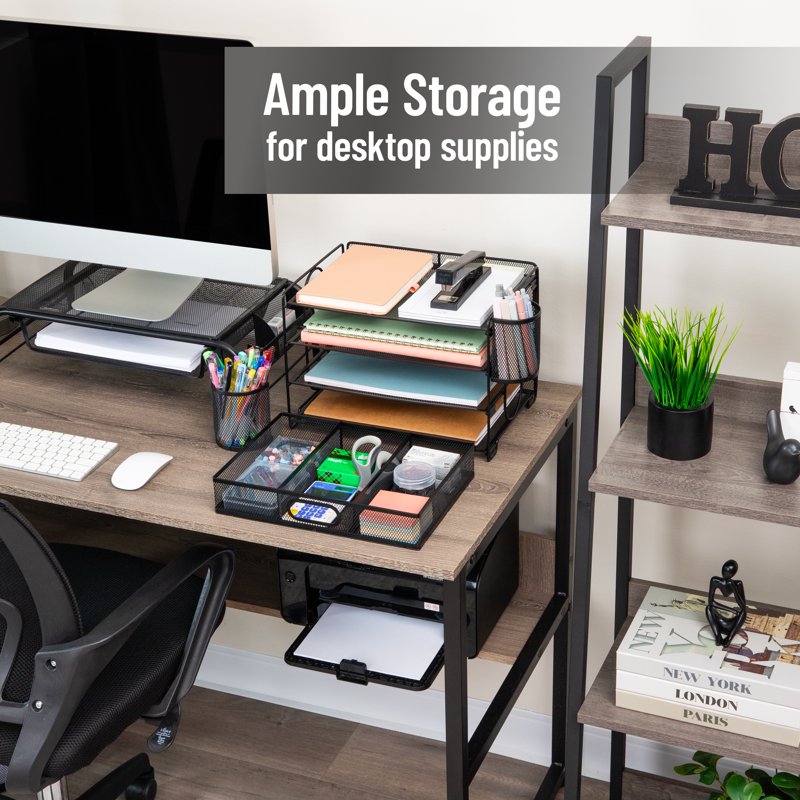Mesh Desk Organizer with 3 Trays, Drawer & Pen Holders, Black Office Storage