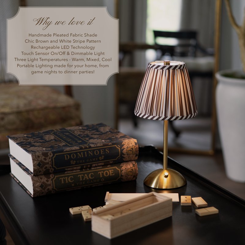 Rechargeable Table Lamp with Fabric Shade & Touch Control - Brown Striped