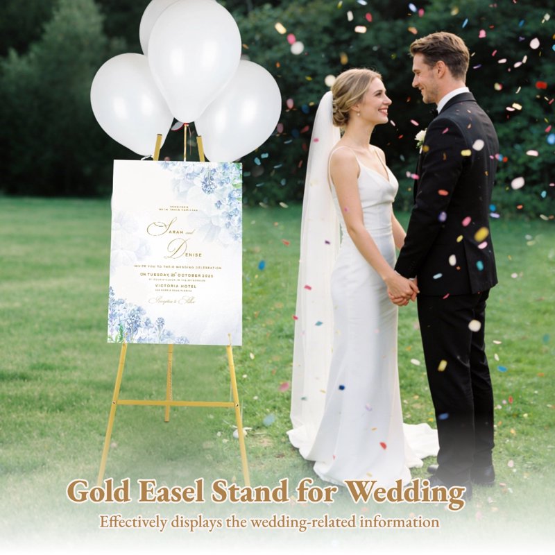 Heavy Duty Gold Easel Stand for Wedding Signs - Adjustable Floor Display, Supports Up to 25lbs