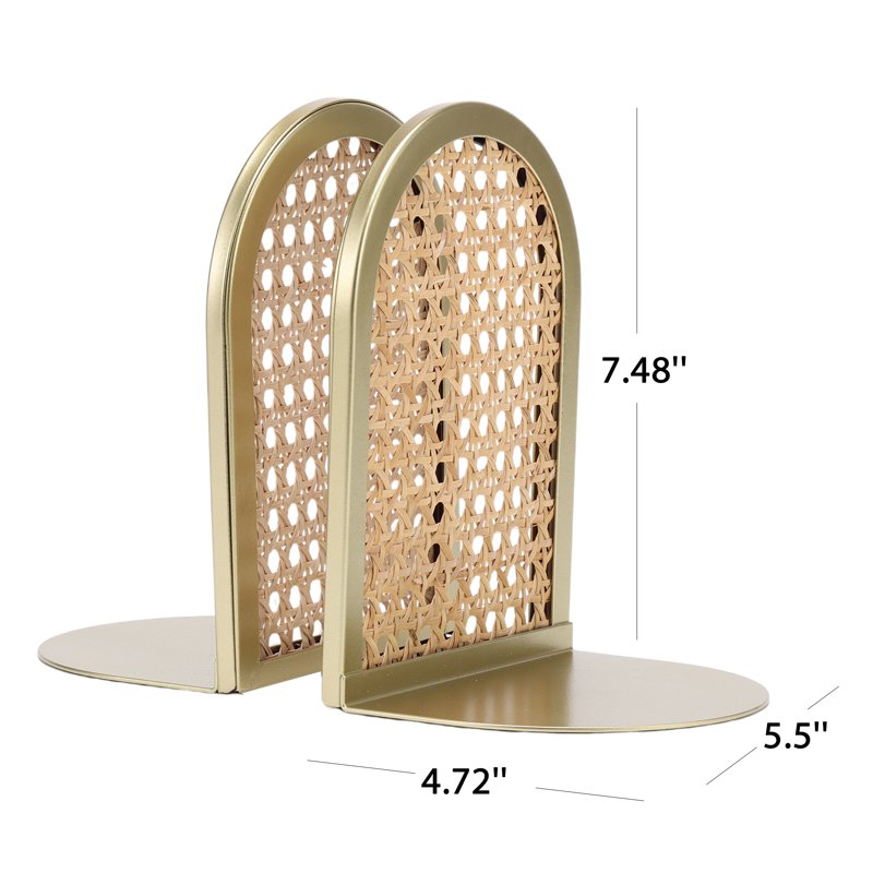 Gold and Natural Rattan Bookends - Decorative Tabletop Accent for Home