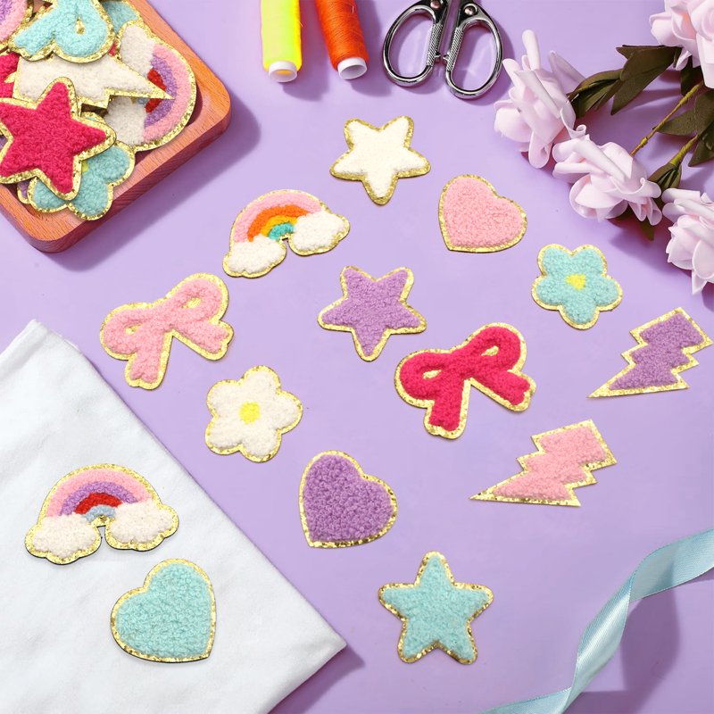 Self-Adhesive Chenille Patches Set of 58 - Rainbow, Heart, Star & Flower Embroidered Stickers for Clothing & DIY Decor