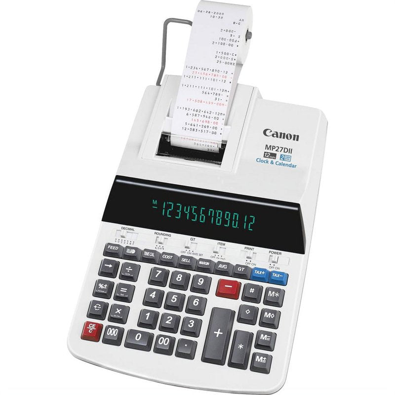 12-Digit Printing Calculator with Dual Color Print and Clock - White