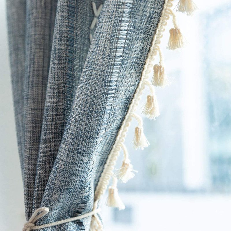 Boho Embroidered Kitchen Tier Curtains with Tassels - Farmhouse Linen Texture, Blue, 24x35 Inches