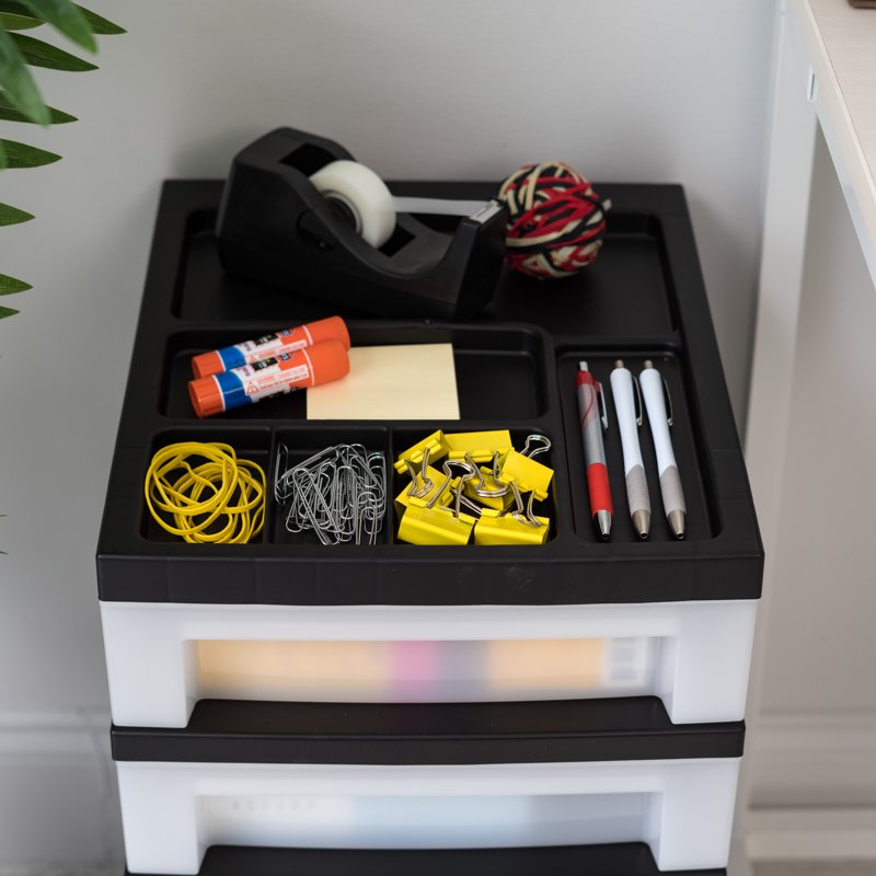 Narrow 5-Drawer Plastic Storage Cart with Organizer Top - Black & White