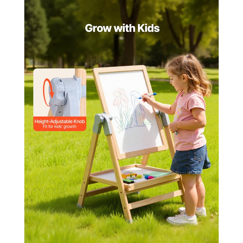 Kids Art Easel with Whiteboard & Chalkboard - Adjustable Double-Sided Wooden Drawing Station
