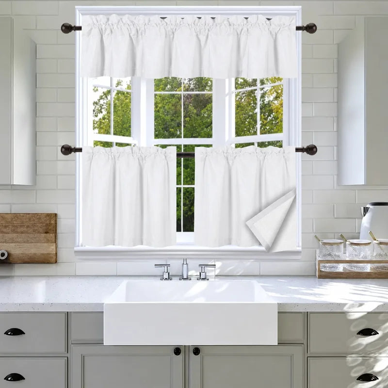Faux Silk Blackout Kitchen Curtain Set - 3-Piece Window Treatment for Privacy & Style