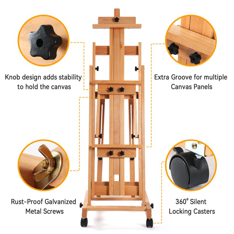 Professional Studio Art Easel with Adjustable Height and Wheels - Beechwood