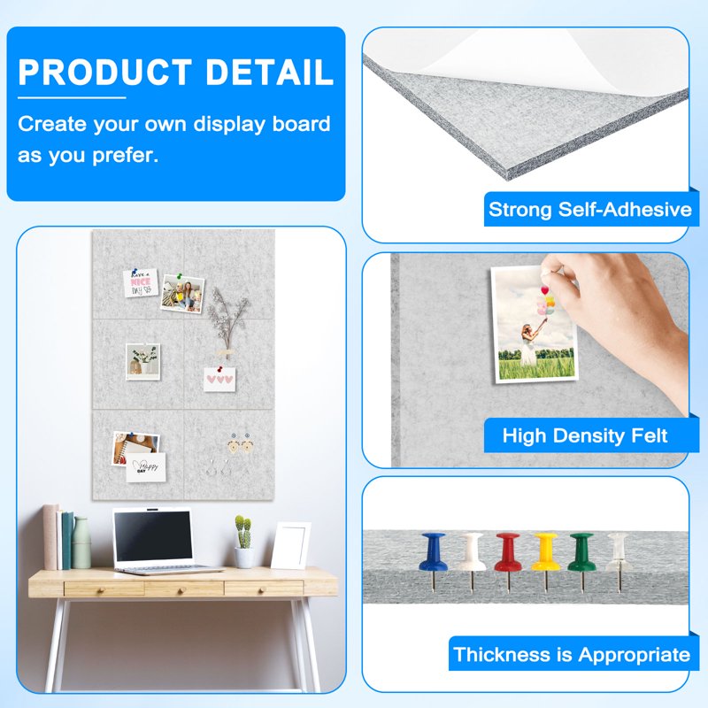 Felt Cork Board Tiles for Walls - Acoustic & Bulletin Boards - Pack of 6