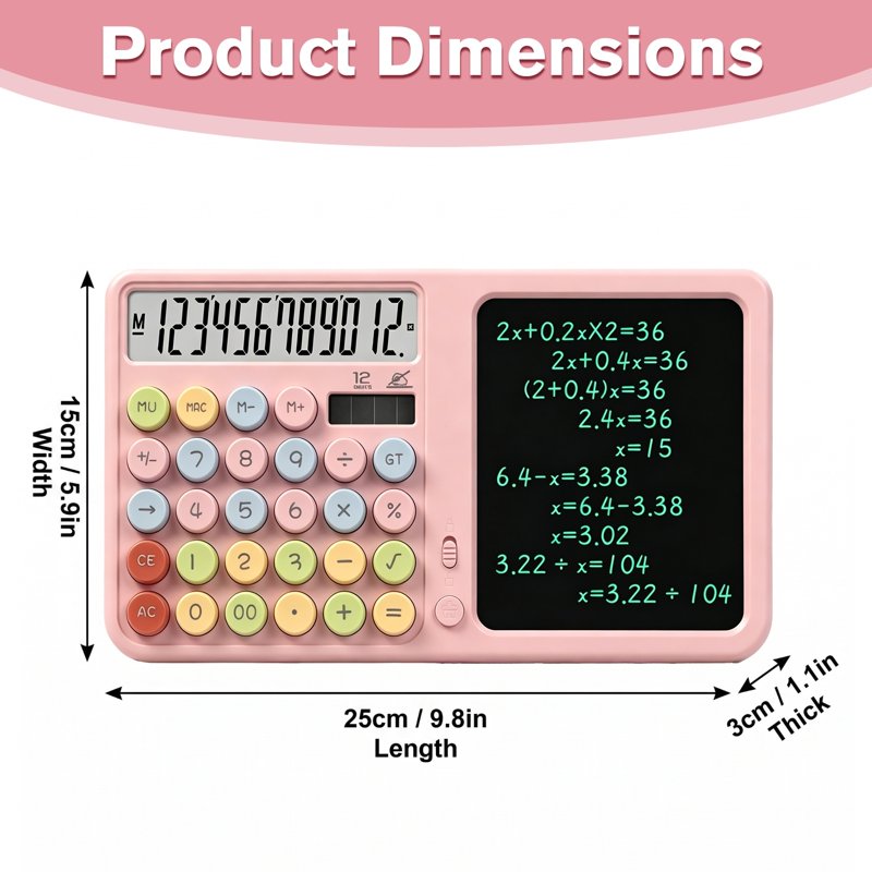 Pink Dual Power Silent Calculator with Writing Pad and Stylus - Office & School Desk Tool