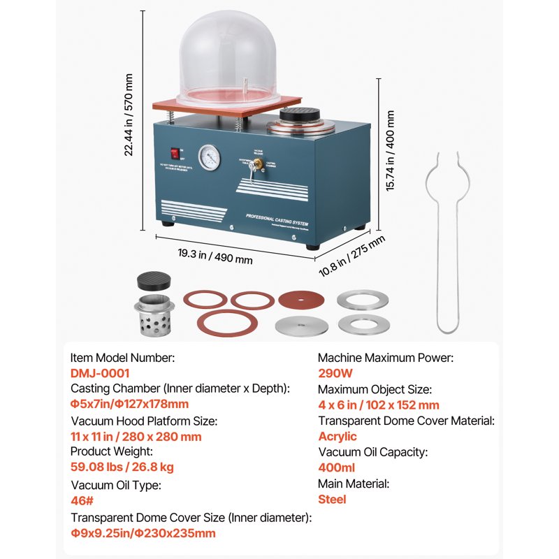 Jewelry Vacuum Casting Machine 290W Power 3 CFM Pump for Metal & Jewelry Casting