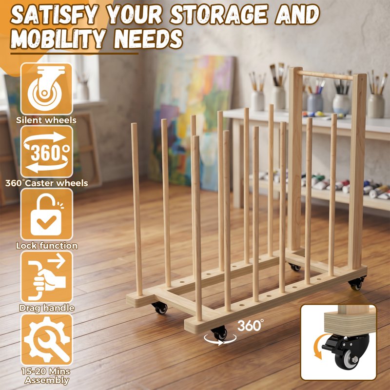 Wooden Art Storage Rack with Casters for Canvas & Artwork - 31.5 x 14.2 in