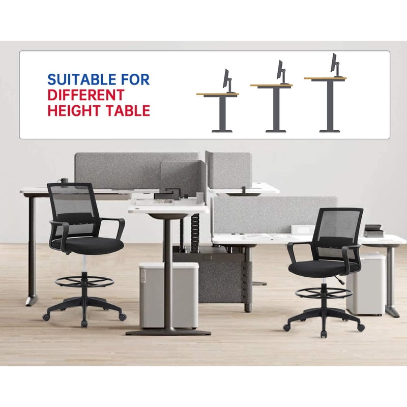 Adjustable Drafting Office Chair with Lumbar Support and Swivel Base - Ergonomic Mesh Seat