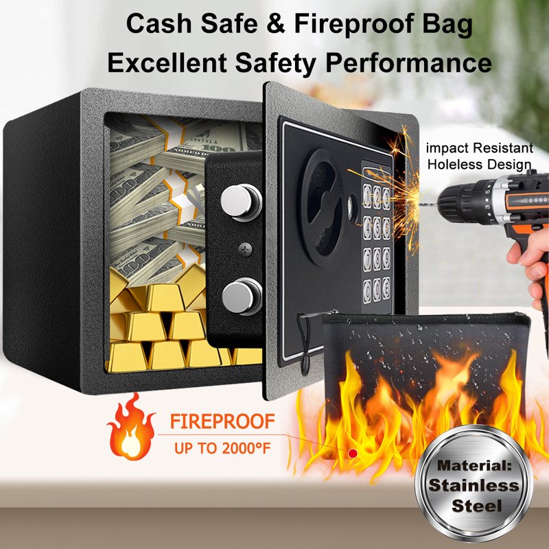 Stainless Steel Fireproof Security Safe Box for Home & Office - Anti-Theft, Key & Digital Lock