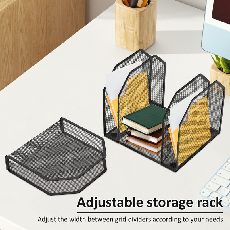 Adjustable Metal Mesh Desktop File Organizer with 5 Compartments - Office & Classroom Storage