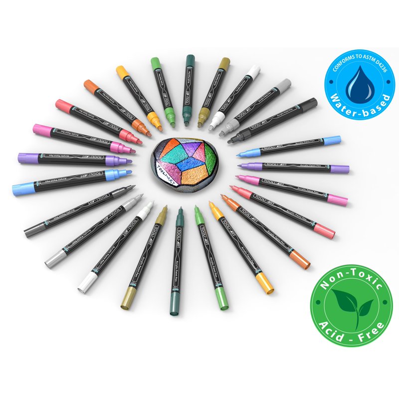 Metallic Acrylic Paint Pens Set for Rocks Glass Mugs - 24 Colors, Fine & Medium Tips