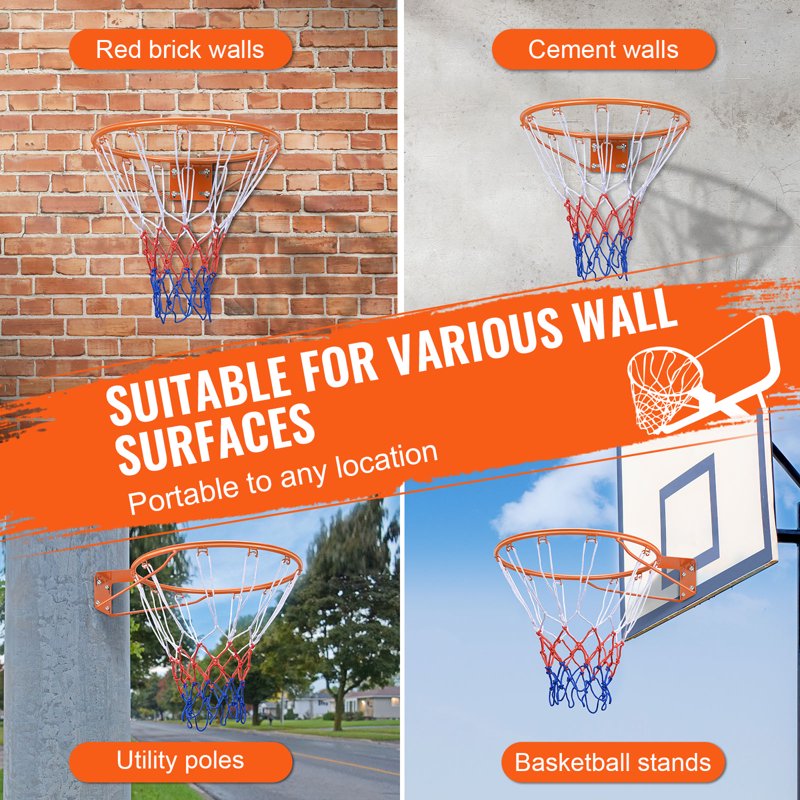 18-Inch Indoor & Outdoor Wall-Mounted Basketball Rim - Heavy Duty Steel Hoop with Net