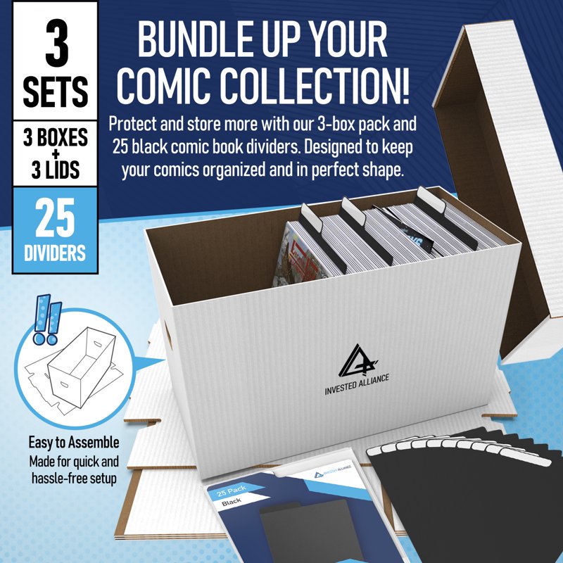 Invested Alliance 3-Pack Short Comic Book Storage Boxes with Lids & 25 Black Dividers - Corrugated Cardboard Box Storage