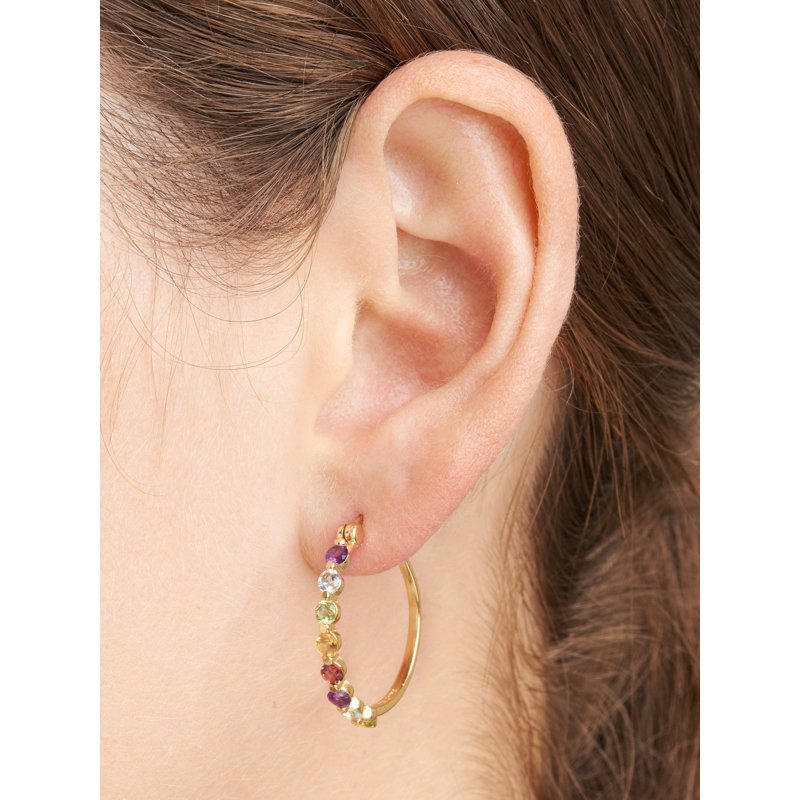 Sterling Silver Hoop Earrings with Synthetic Blue Sapphire and 18K Gold Plating