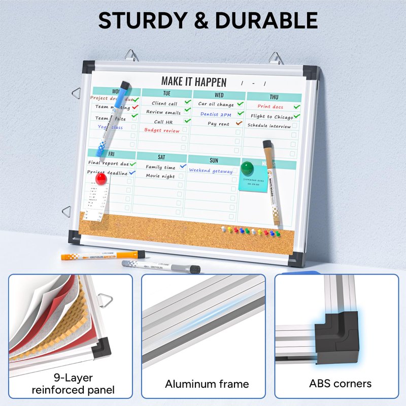 17x13 Inch Green Weekly Whiteboard with Aluminum Frame Dry Erase Calendar Planner