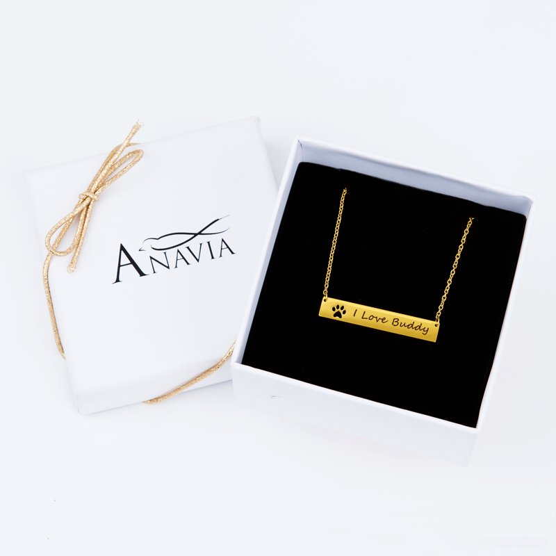 Personalized Gold Paw Print Bar Necklace with Engraving - Pet Lover Gift