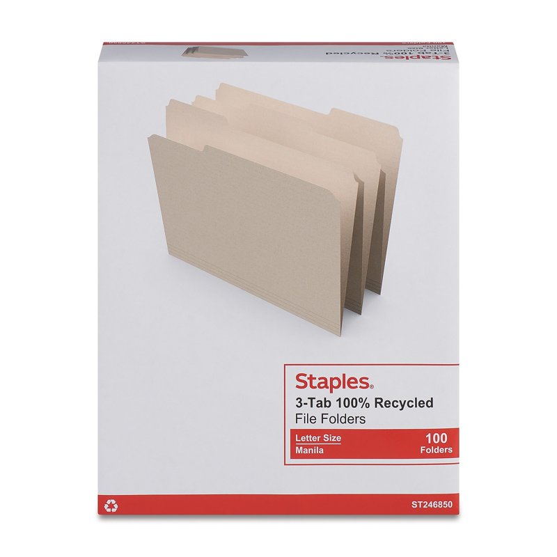 Recycled Manila File Folders Letter Size 3-Tab 100 Pack Office Organization