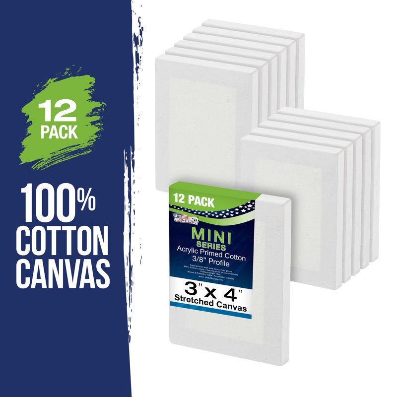 Mini Primed Stretched Canvas Set - 3x4 Inch for Painting & Crafts, 12 Pieces