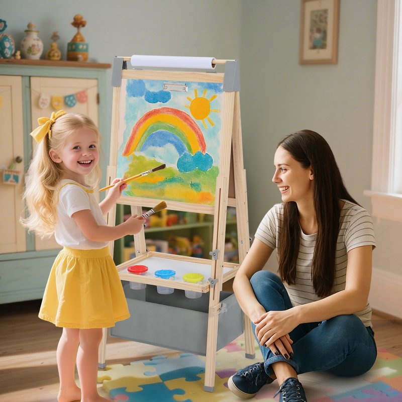 Double-Sided Kids Art Easel with Adjustable Height & Art Supplies - 3-in-1 Wooden Play Station