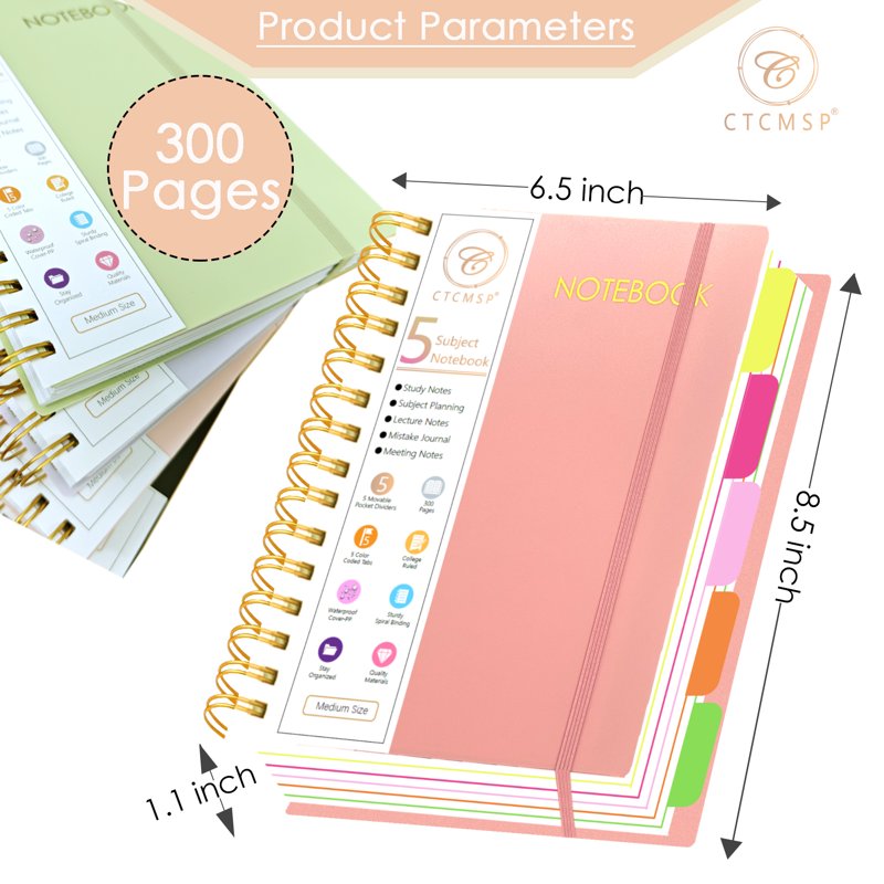 Multi-Subject Spiral Notebook with Removable Dividers - A5 300 Pages