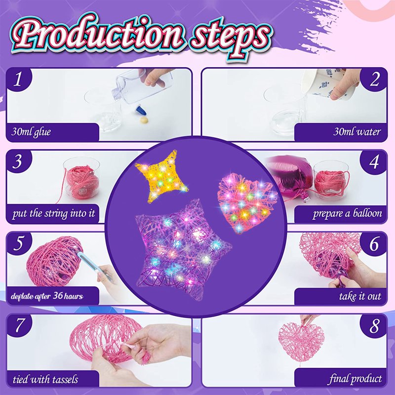 Kids 3D Light Up String Art Craft Kit for Girls Ages 8-12 - Heart, Star, Diamond Lanterns