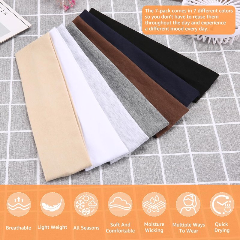 Non-Slip Cotton Headbands for Women - 7 Pack, Sports & Workout Hairbands