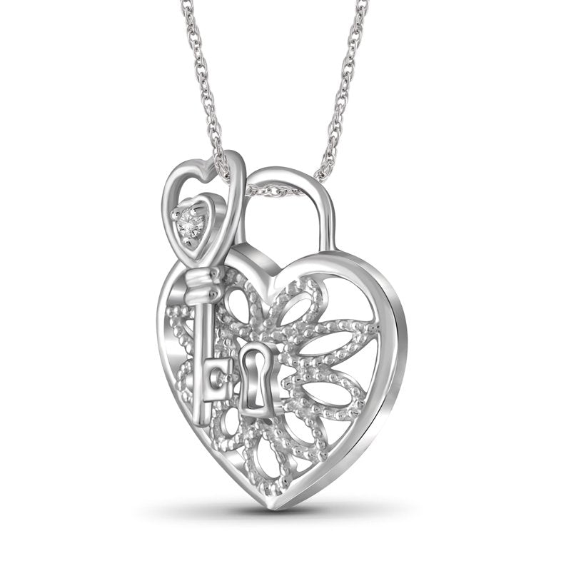 Sterling Silver Heart Pendant with Key and White Diamond Accents