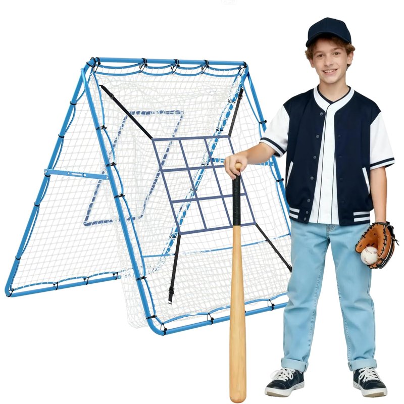 Baseball Rebounder Net with Batting Target, Adjustable Angle, 5x4 ft, Blue