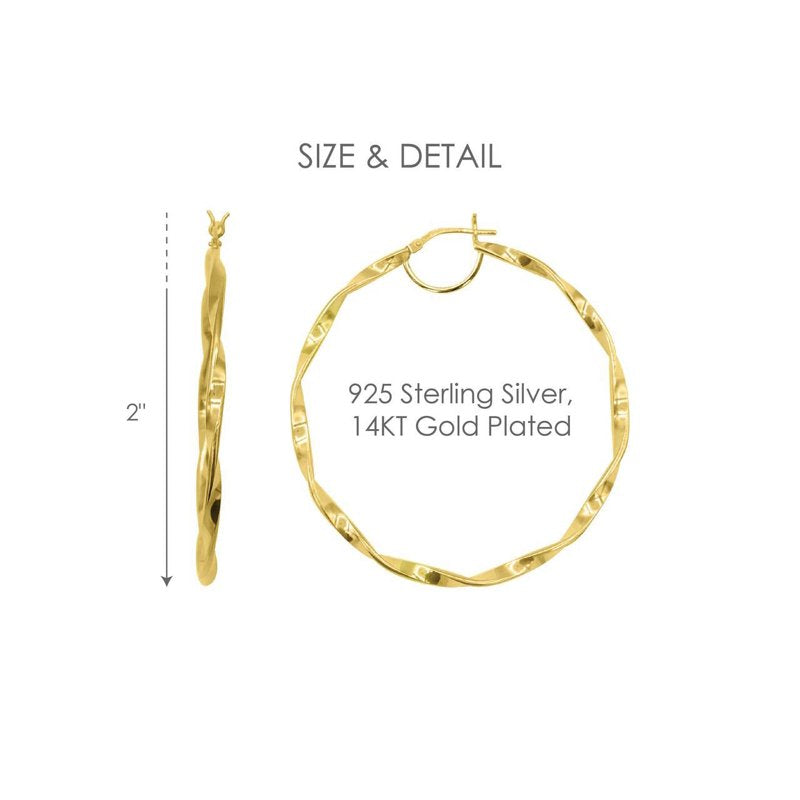 14K Gold Plated Sterling Silver Hoop Earrings with Twist Design - Adults