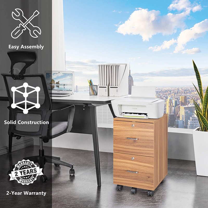 Rolling File Cabinet with Lock - 2 Drawer Wooden Mobile Storage for Office
