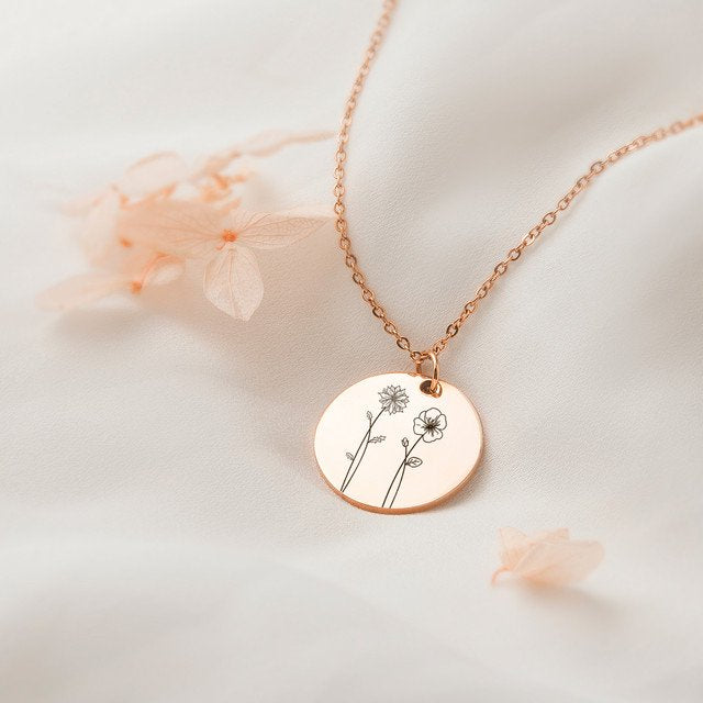Personalized Birth Flower Necklace - Custom Family Gift for Mom, Silver, Gold, Rose Gold