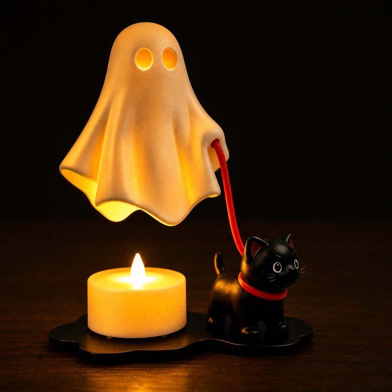 Halloween Ghost Walking Cat Figurine Lamp with Candle Warmer - Gothic Resin Night Light