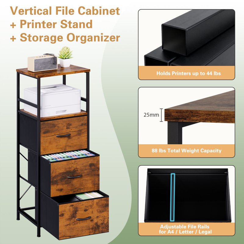 Vertical File Storage Cabinet with 3 Drawers and Adjustable Shelves - Rustic Brown