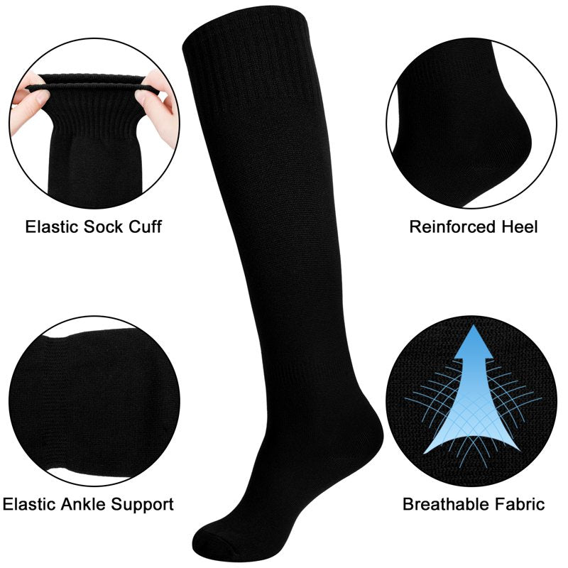 Football Soccer Socks 4 Pairs Knee-High Athletic Socks with Non-Slip Cuff, Medium Cushion, 8in Foot Length, Black