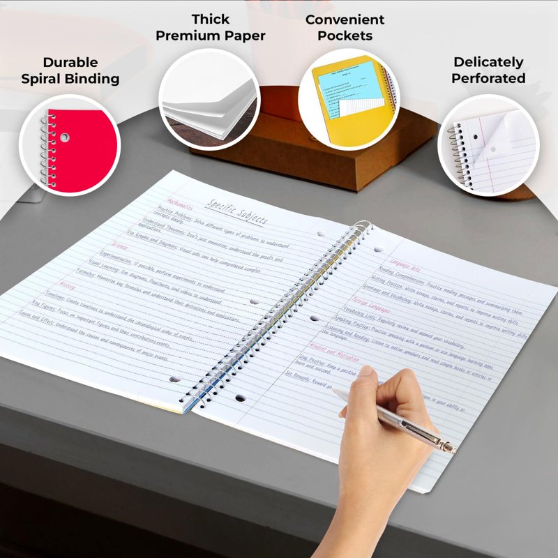 12 Pack Wide Ruled Spiral Notebooks 5-Subject, 300 Pages, Soft Cover, Assorted Colors