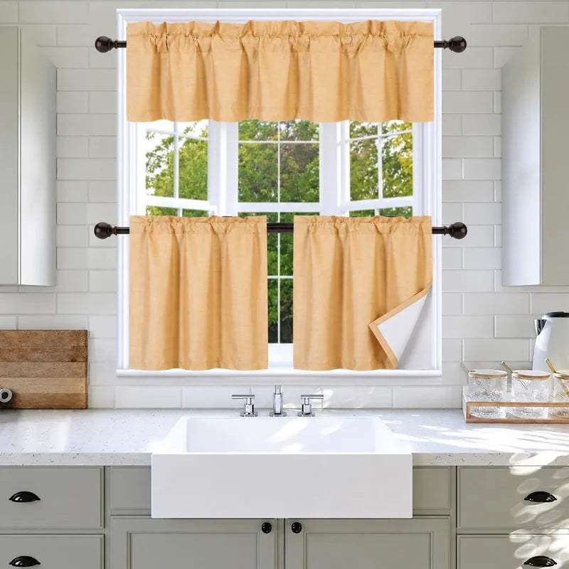 Faux Silk Blackout Kitchen Curtain Set - 3-Piece, Rod Pocket, Elegant Window Treatment