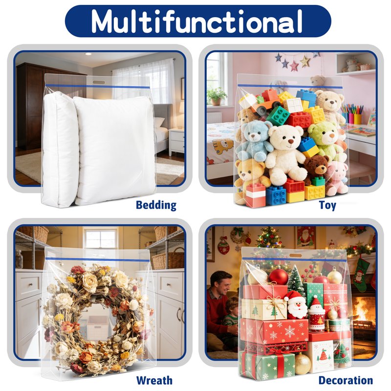 Extra Large Plastic Wreath Storage Bags 24x24x7 Inches - 4 Pack