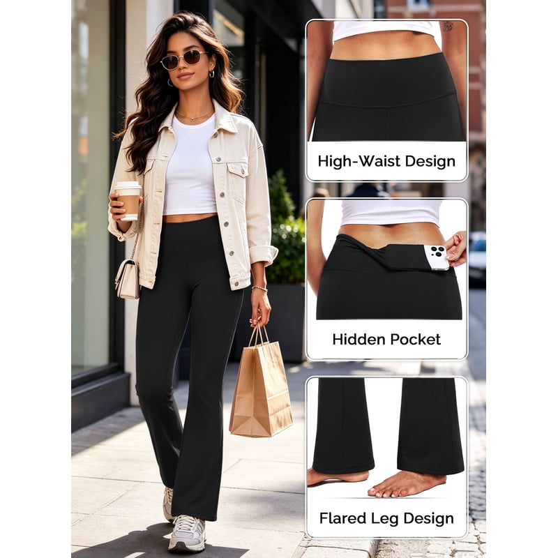 Women's Flare Leggings with High Waist and Pockets - Yoga & Workout Pants