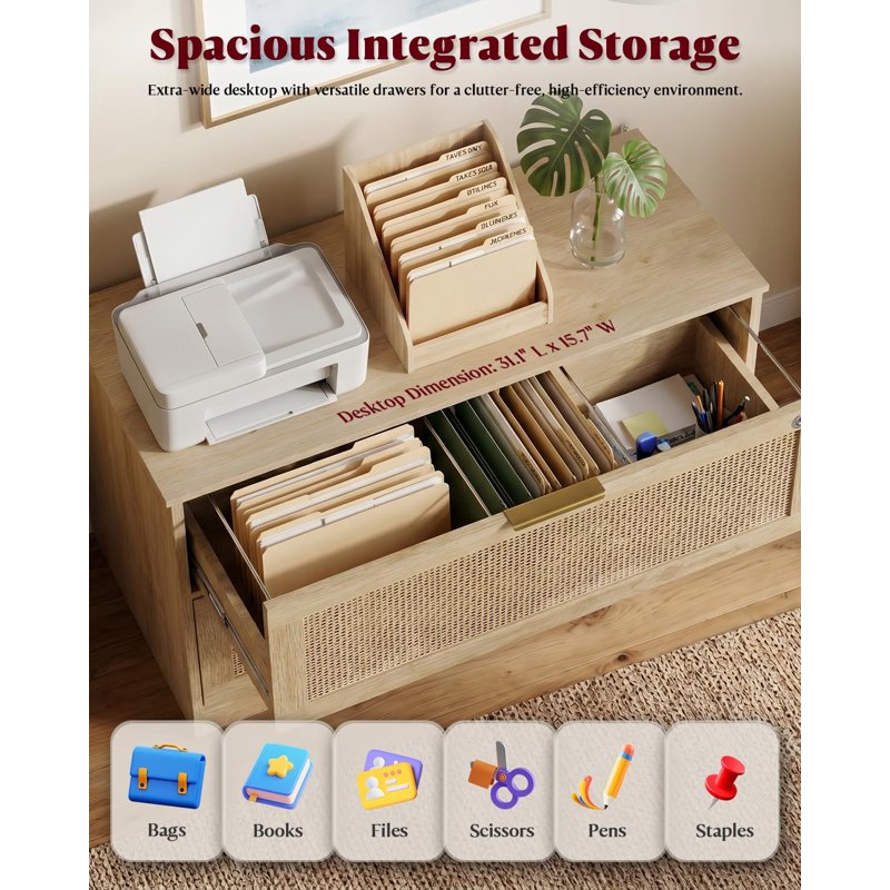 2-Drawer Locking File Cabinet with Rattan Front - Office Storage & Printer Stand