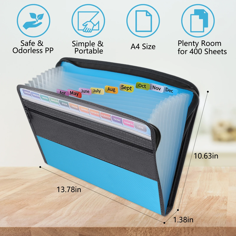 Accordion File Organizer with 13 Pockets, Zipper Closure, A4 Letter Size, Portable Office & School Document Folder — Blue