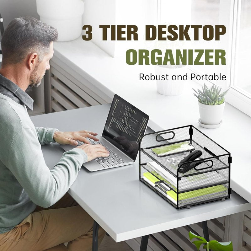 3 Tier Mesh Desktop Paper Organizer with Handles - Office & School Storage